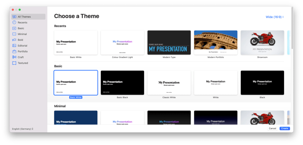 Apple Keynote's Choose a Theme screen