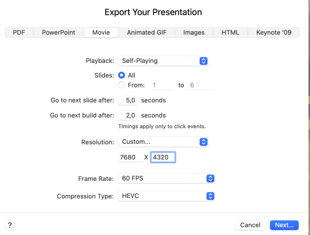 Apple Keynote Export Settings for 8K