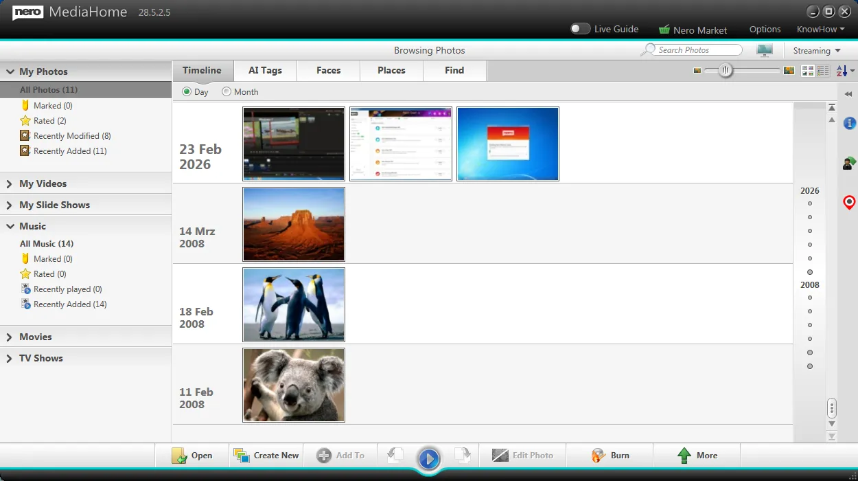 File browsing in Nero MediaHome 2026 (28.5.2.5) on Windows 7