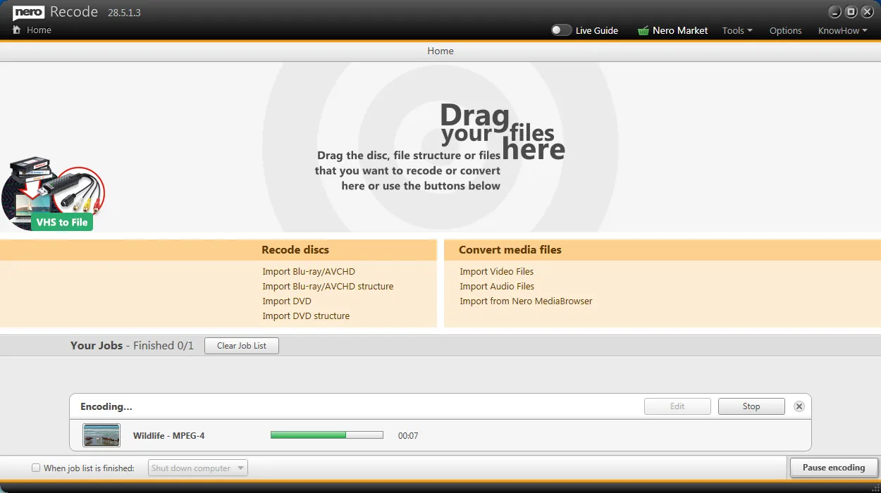 VC-1 to AVC file conversion in Nero Recode (28.5.1.3) on Windows 7